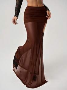 SHEIN ICON 女式高开叉黑色网眼褶饰腰性感度假金属装饰半身裙