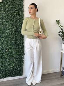 Andrea Bello Summer Crewneck Button Front Long Sleeve Cardigan Sweater - Green - View 4