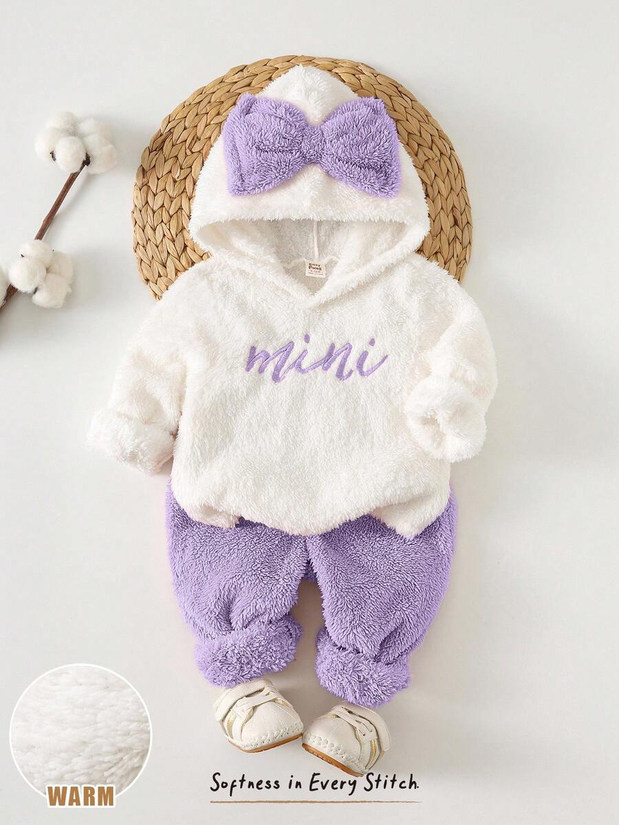 Cozy Pixies Set di felpa casual e semplice per bambina, con contrasto di colori, set con fiocco, mini set, set adorabile, adatto per l'inverno, adatto per l'autunno, set di abbigliamento sportivo con cappuccio, set con cappuccio rosa con fiocco, outfit invernale per bambina, mini set ricamato, set casual e comodo carino per bambina, set con fiocco per bambina, per il ritorno a scuola, uso quotidiano, Natale, Ognissanti - Viola - Visualizzare 1