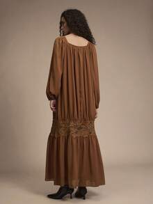 Florisole Women's Autumn/Winter Bohemian Romantic Casual A-Line Loose Lace Trim Maxi Dress, Orange-Brown Romantic