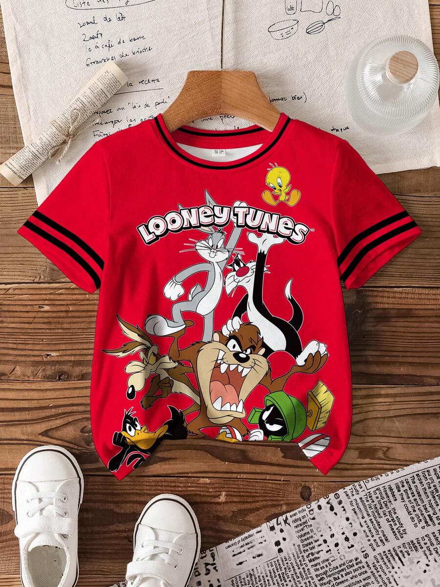 LOONEY TUNES X SHEIN 男童夏季休闲撞色条纹卡通字母图案圆领短袖T恤 - 白色 - 查看 1
