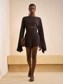 Zivah 2025 Autumn/Winter New Music Festival, Easter, St. Patrick's Day, Halloween, Christmas, Valentine's Day, Date, Western, Nomadic Style Occasion Wear: Round Neck Cape Sleeve, Flared Cuffs,Cinched Waistit, Waist TieRomperumpsuit Shorts - Brown - View 7