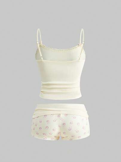 Kawaii Blouse en dentelle à imprimé lapin mignon assortie à des shorts à imprimé lapin tout-sur-tout