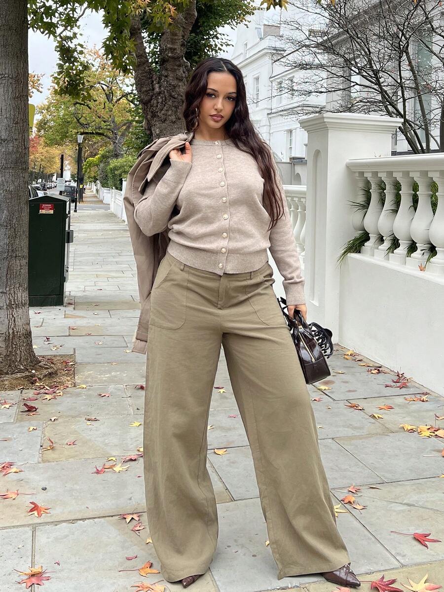 NegzBox Plain Green Women's Pants With Relaxed Straight-Leg Design Women Wide Leg Pants Loose Pants For Women Linen Pants For Women Women Summer Pants Cotton Pants For Women - Army Green - View 1