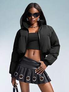 GENKIRA Áo khoác đệm cổ đứng màu đen, thắt eo, thời trang - màu đen - Xem 3