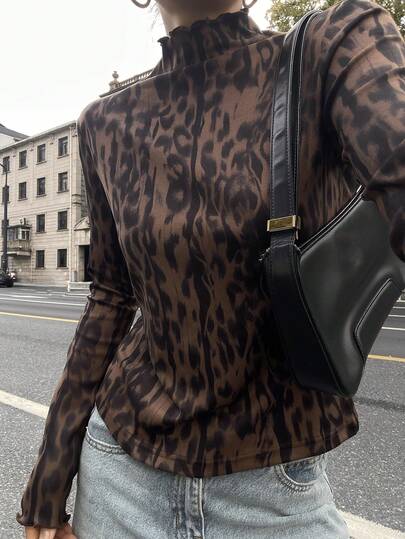 Livesso Women's Tie-Dye Tie Dye Turtleneck Long Sleeve T-Shirt, Casual Business Streetwear, Frill Trim, Autumn/Winter