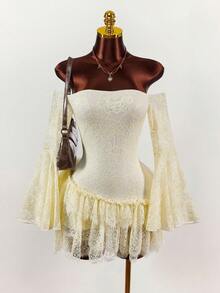 Amplova 女士长袖露肩连衣裙，透视性感前卫，适合秋季穿着，可爱性感蛋糕裙摆 - 白色 - 查看 3