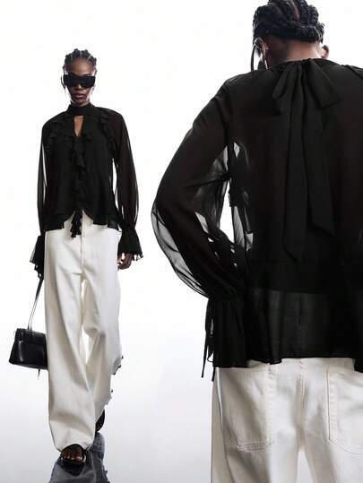 LYSMO 女士纯色长袖荷叶边时尚衬衫