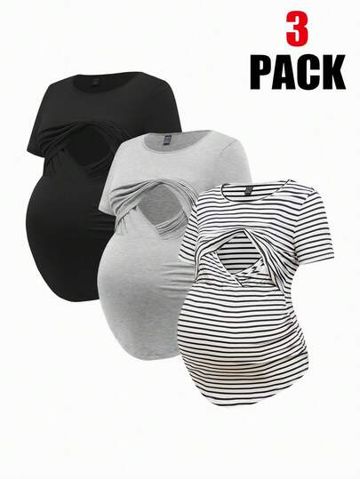 Modmama Maternity Summer City Casual Nursing Wear, Round Neck Short Sleeve Fitted Pregnant Women T-Shirt Maternity Tops Nursing Tops Breastfeeding Shirts Pregnancy Shirts Maternity Clothes T Shirts