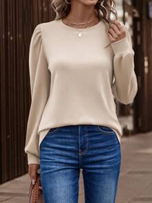 EMERY ROSE Women's Solid Color Round Neck Puff Sleeve Casual Versatile T-Shirt - Apricot - View 5