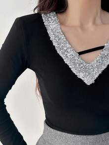 DAZY Women's V-Neck Sequin Design Long Sleeve T-Shirt, Slim Fit Casual Pullover Top Carnival - Black - View 7