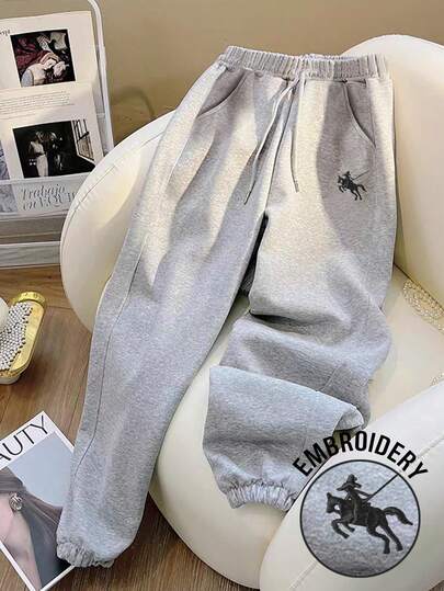 Resyla 女士经典休闲灰色运动裤，运动风，返校季，秋冬季，花卉刺绣设计，日常及户外穿着，街头摄影必备，回头率超高，女士慢跑裤