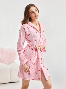 Bonmuse 1件女士秋冬爱心印花法兰绒加厚浴袍，双面长款绒面提花刺绣星星长袖睡裙 - 粉色 - 查看 6