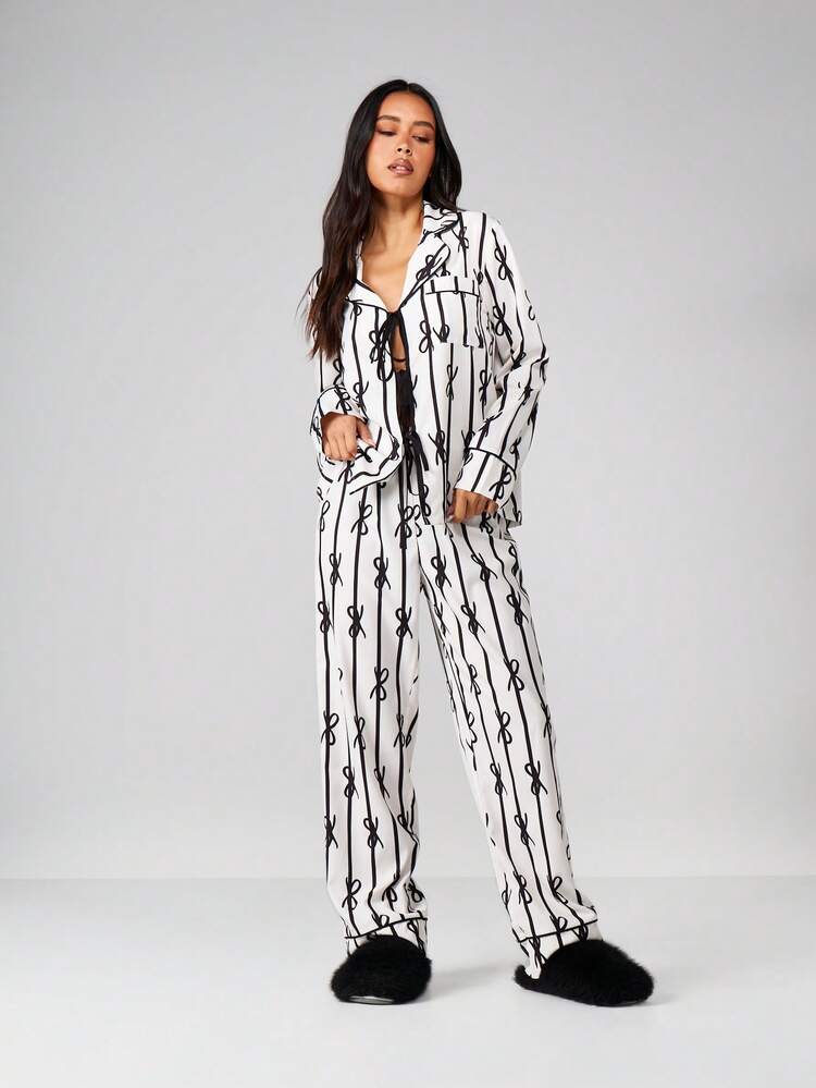 MISSGUIDED Women Pajama Set Long Sleeve Button Up Top With Matching Pants Loungewear Sleepwear Nightwear Set