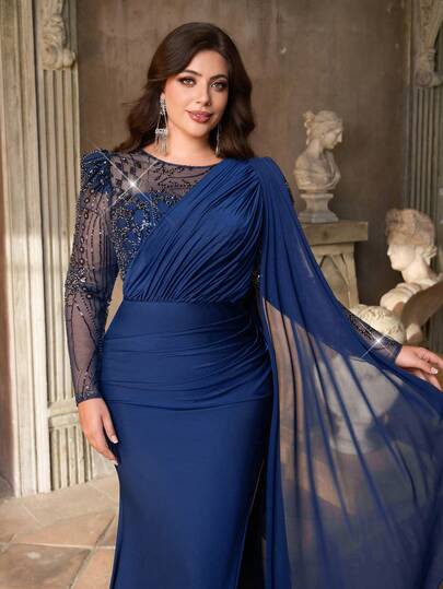 Aureia Vestido de fiesta largo de cola con escote asimétrico, volantes y abertura alta, confeccionado en punto elástico con bordados y lentejuelas en azul marino, ideal para ocasiones formales como fiestas, bodas y cumpleaños