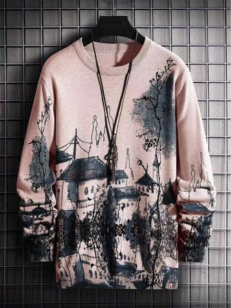 Manfinity Homme Men's Ink Painting Pattern Crew Neck Long Sleeve Casual Sweater (Print Random), Autumn/Winter