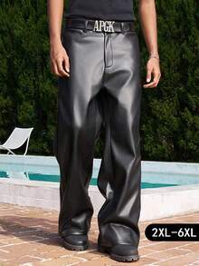 Manfinity Roghcode Quần da PU cỡ lớn dành cho nam, quần ống đứng rộng rãi, quần da thời trang và đa năng cho nam, quần ống rộng nam, quần cạp cao nam, quần đen nam, quần nam phong cách Y2K - màu đen - Xem 1