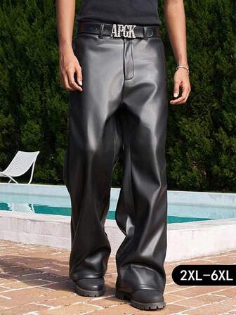 Manfinity Roghcode Plus Size Men's PU Leather Pants, Loose Straight Leg Trousers, Fashionable & Versatile Leather Pants For Men Mens Wide Leg Pants Men High Waisted Pants Mens Black Pants Y2k Men Pants