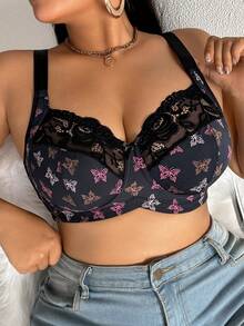 DesireSculpt 1pc Plus Size Lace Patchwork Wireless Bra - Multicolor - View 11