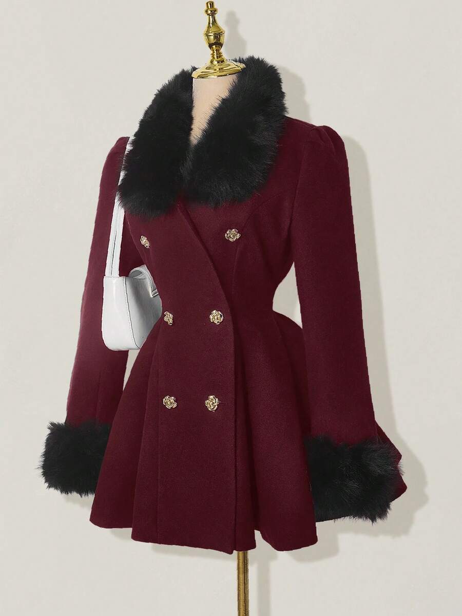 SHEIN ICON Women's Elegant Double-Breasted Flared Faux Fur Patchwork Jacket, Autumn/Winter Winter - Burgundy - View 1