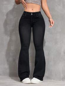 SHEIN ICON Quần jeans ống loe ôm sát cổ điển co giãn cỡ lớn dành cho nữ, trang phục cowgirl rodeo đa năng - màu đen - Xem 1