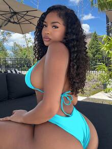 Alexandranx 女性夏季海灘純色領口項目二件套比基尼套裝，隨機印花 - 藍色 - 查看 2