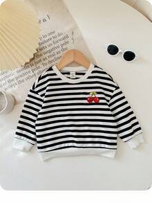 SHEIN Babygirl Cute Versatile Knitted Striped Heart Pattern Long Sleeve Sweatshirt, Autumn/Winter - Black and White - View 1