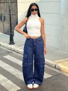 SHEIN EZwear Y2K 女式休闲街头风格日常百搭工装牛仔裤 - 深色水洗藍 - 查看 5