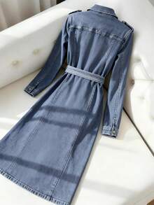 GlowEve 女式翻领长袖纽扣前开长牛仔连衣裙，时尚百搭街头服饰