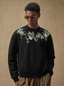 AKNOTIC 男士花卉刺绣宽松圆领长袖套头衫，秋冬 - 黑色 - 查看 2