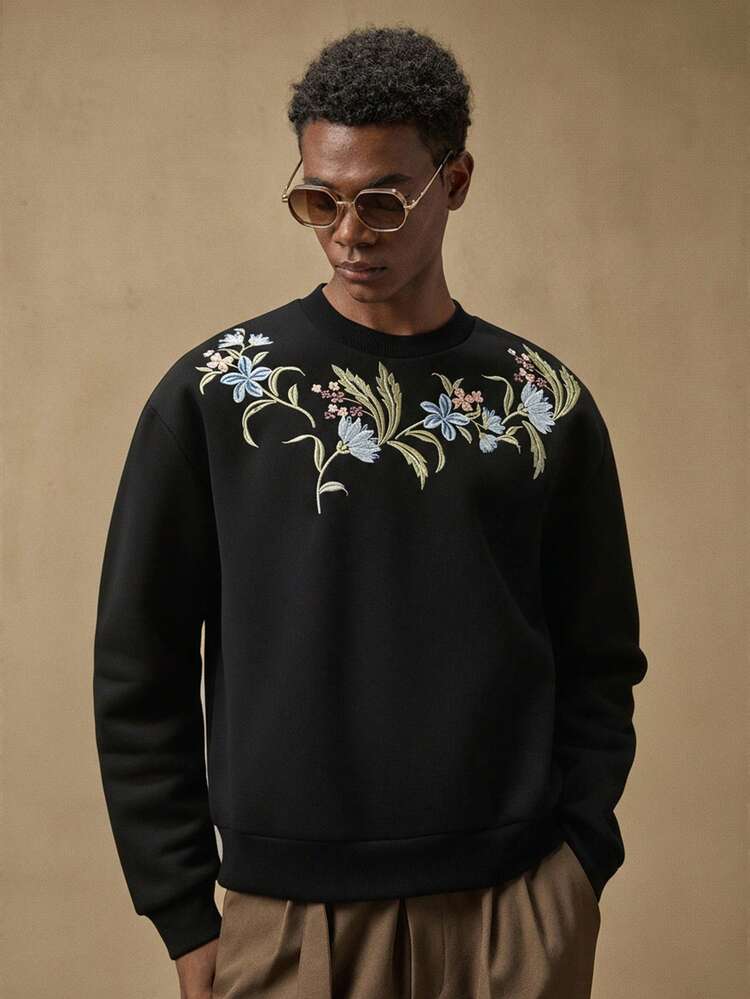 メンズ フローラル刺繍 ルーズフィット クルーネック 長袖 プルオーバースウェットシャツ、秋冬