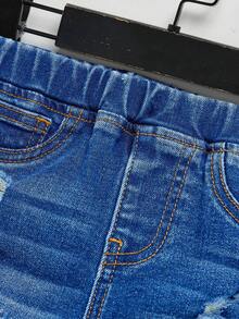 SHEIN 男婴春夏纯色水洗口袋破洞牛仔裤，夏季婴儿破洞牛仔裤 - 中等水洗藍 - 查看 4