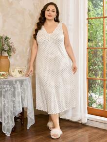 Côtesoire 加大码女式杏色甜美荷叶边蝴蝶结波尔卡圆点印花柔软牛奶丝中长款紧身连衣裙，青春修身睡袍 - 杏色 - 查看 5