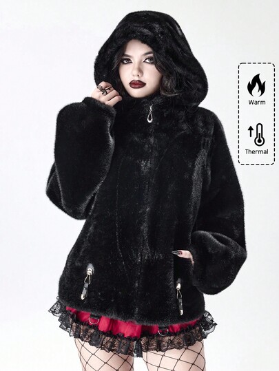 Women's Autumn/Winter Fashion Dark Punk Style Zip-Up Hooded Faux Fur Jacket