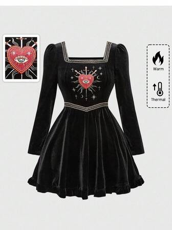 Vintage Gothic Dark Heart & Eye Embroidery Velvet Long Sleeve Dress, Halloween
