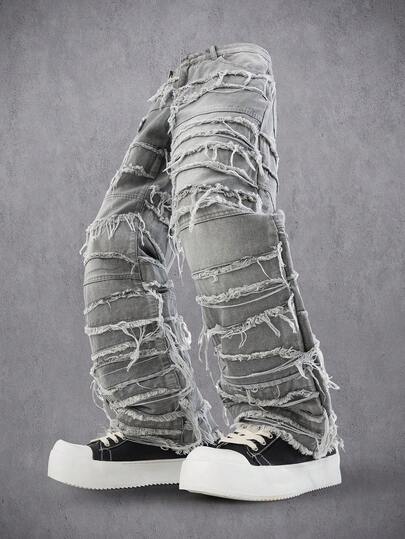 Manfinity LEGND Men's Casual Street Style Frayed Hem Patch Stacked Denim Jeans, Grey Distressed Gray Jeans, Perfect Holiday Gift For Boyfriend & Husband