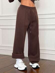 SHEIN PETITE 2pcs Women Casual Solid Color Stand Collar Fitted Long Sleeve T-Shirt & Drawstring Waist Straight Pants Set, Suitable For Autumn/Winter - Brown - View 8