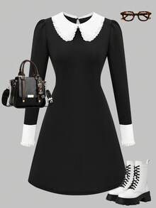 SHEIN Explorewe Girls'Peter Pan Collar Polka Dot Print Dress, Black Gothic Dress For Girls, Suitable For Commuting, Outings, Performances And Parties, Autumn/Winter - Black - View 1