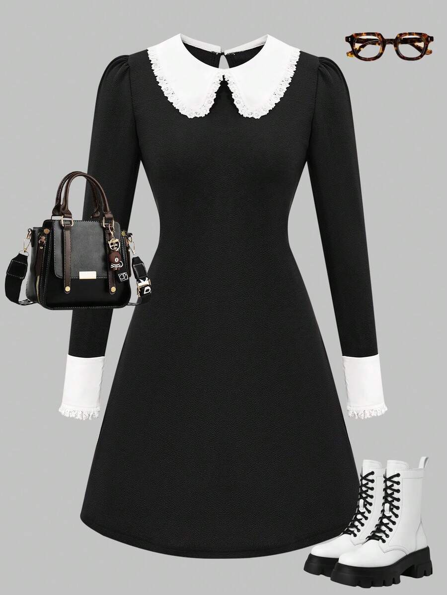 SHEIN Explorewe Girls'Peter Pan Collar Polka Dot Print Dress, Black Gothic Dress For Girls, Suitable For Commuting, Outings, Performances And Parties, Autumn/Winter - Black - View 1