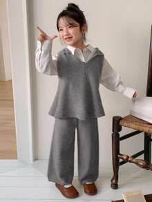 DAZY 2件套女童连帽无袖背心和宽松针织裤套装 - 灰色 - 查看 1
