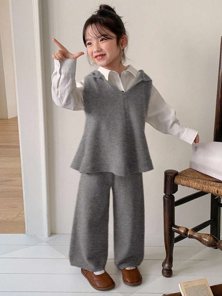 DAZY 2件套女童连帽无袖背心和宽松针织裤套装 - 灰色 - 查看 1