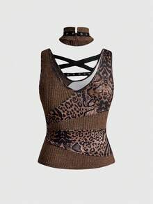 ROMWE Grunge Punk 交叉罗纹纹理蛇皮印花拼接修身背心 - 咖啡棕 - 查看 2