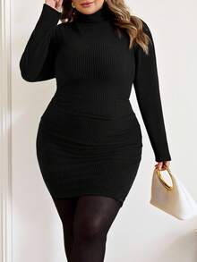 SHEIN CURVE+ 女士加大码连衣裙，加大码高领纹理面料，黑色修身连衣裙，长袖连衣裙，秋冬内衣，下装，日常百搭连衣裙，时尚通勤针织连衣裙，黑色连衣裙 - 黑色 - 查看 4