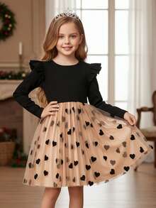 年轻女孩优雅可爱的黑色拼布串珠长袖连衣裙 - 黑色 - 查看 1