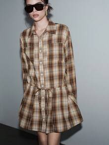 Lumivelle Women's Plaid Shirt Collar Open Front Drawstring Waist Fitted Long Sleeve Dress, Commuter Style For Autumn Checkered Dress  Winter Clothes