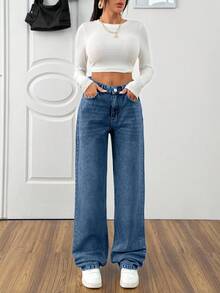 EURMUSE HIGH WAIST CASUAL STYLE DENIM STRAIGHT - Medium Wash - View 3