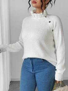 Elenzga 大码合身优雅蕾丝纽扣毛衣 - 白色 - 查看 3