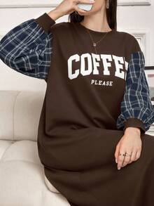 Modelyn Robe décontractée pour femmes à col rond, manches longues, couleur unie, patchwork, imprimé lettres - Tabac - Voir 2