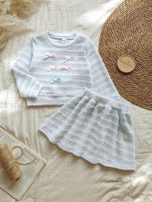 SHEIN 2pcs/Set Young Girls Spring/Autumn Outfit, Light Blue Long Sleeve Round Neck Top + Skirt, Bow Design Sweet & Versatile, Suitable For Daily Wear - Blue - View 1