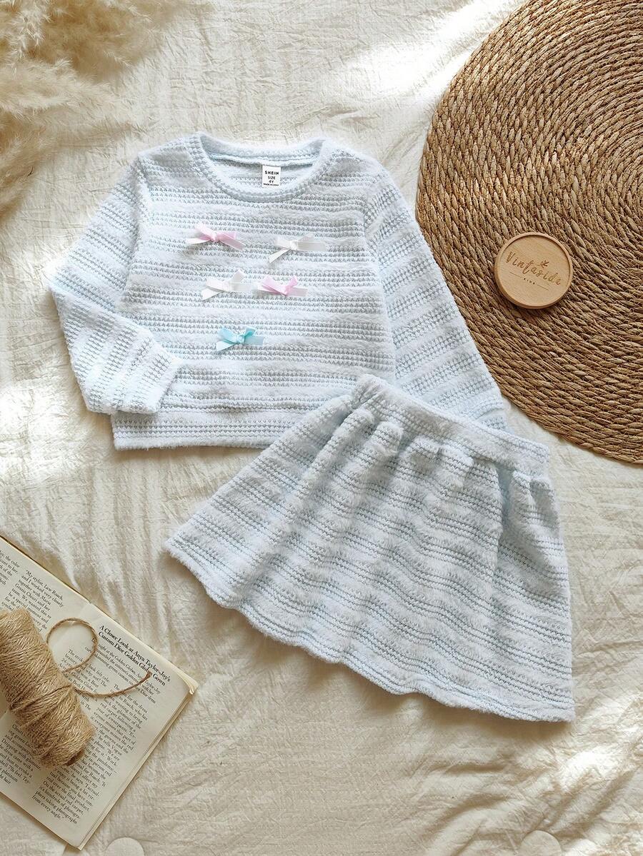 SHEIN 2pcs/Set Young Girls Spring/Autumn Outfit, Light Blue Long Sleeve Round Neck Top + Skirt, Bow Design Sweet & Versatile, Suitable For Daily Wear - Blue - View 1